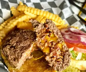 burger stuffed with cheese